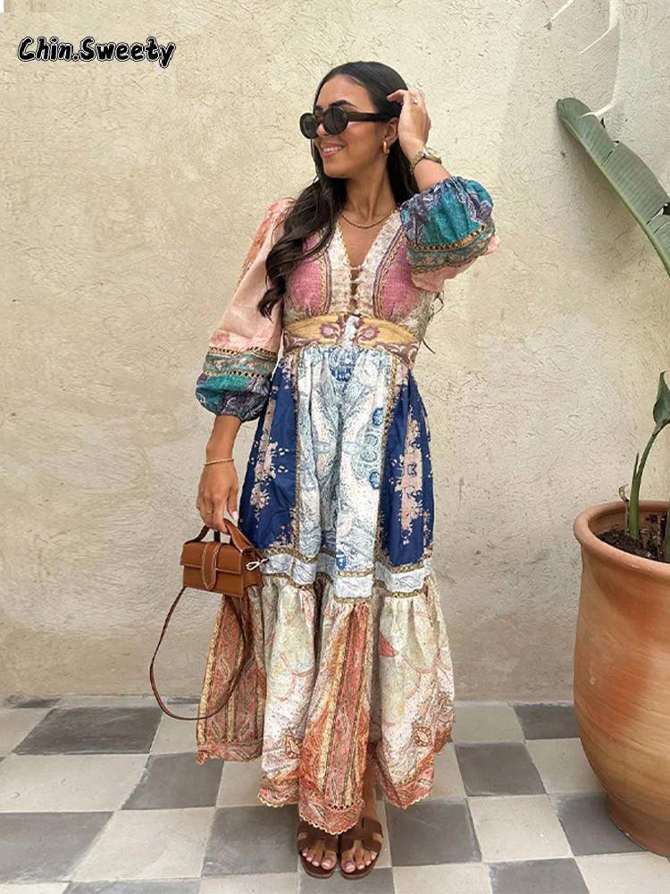 Vintage Patchwork Maxi Dress: Bohemian Chic V-Neck Statement Piece Stylish Maxi Dress with Frills