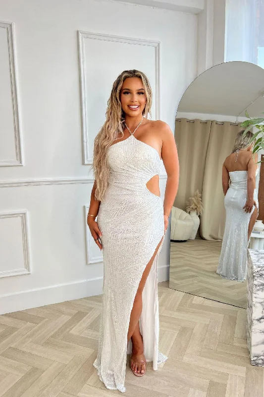 Vision Silver Luxe Sequin Rhinestone Jewelled Halter Neck Thigh Slit Maxi Dress Elegant Wraparound Maxi Dress