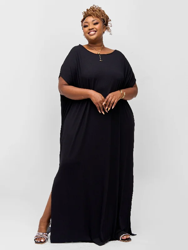 Vivo Essentials Dolman Maxi Dress - Black Cozy Ribbed Maxi Dress