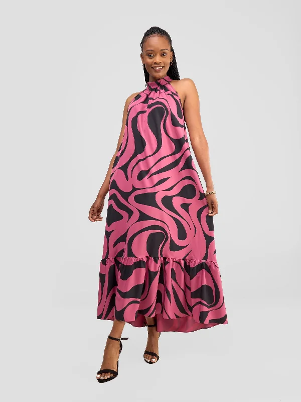 Vivo Halter Maxi Dress - Dark Pink / Black Manda Print Fashionable Asymmetrical Maxi Dress