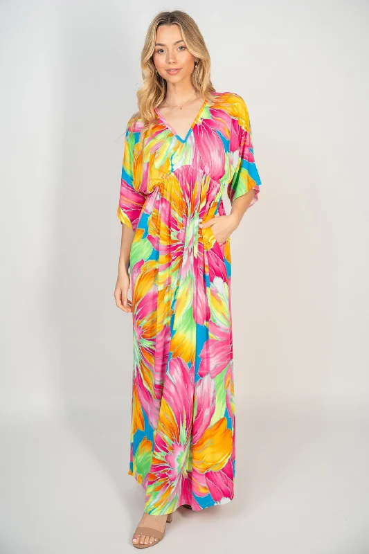 Printed V-Neck Maxi Dress with Pockets Trendy Floral Print Maxi Dress