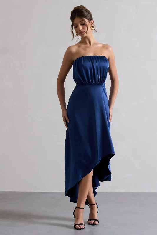 Willa | Navy Satin Bandeau Maxi Dress With Asymmetric Hem Elegant Maxi Dress with Belt