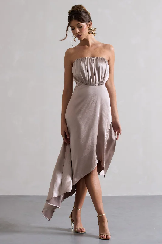 Willa | Taupe Satin Bandeau Maxi Dress With Asymmetric Hem Fashionable Faux Wrap Maxi Dress