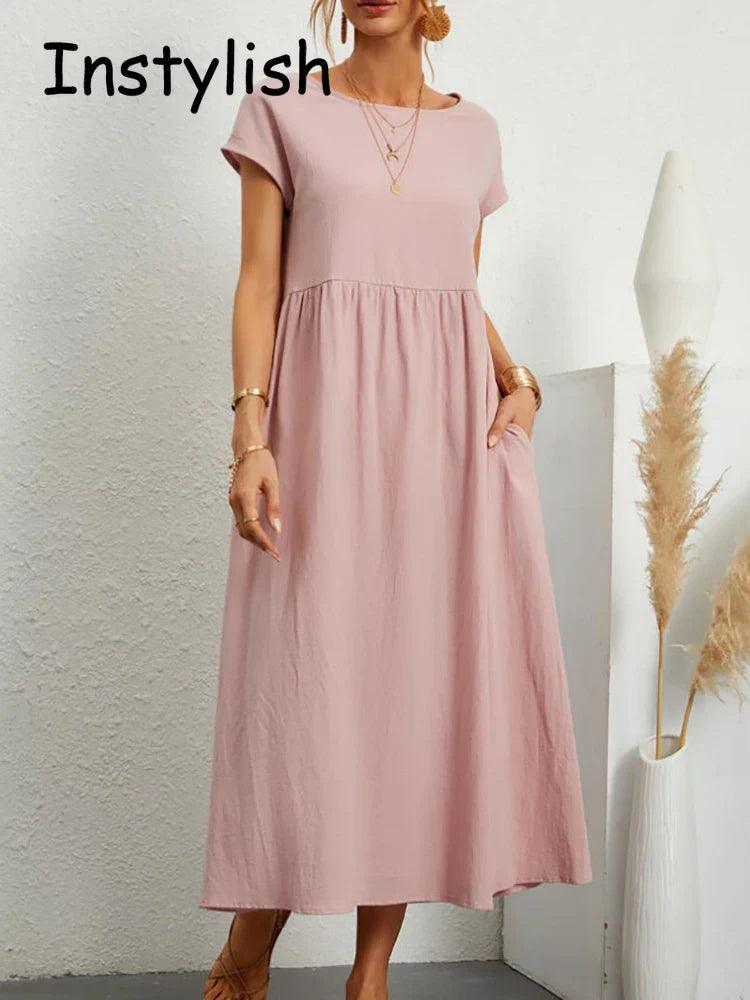 Elegant Vintage Maxi Dress: Summer Fashion Staple with O-neck and A-line Silhouette Comfortable Bohemian Maxi Dress