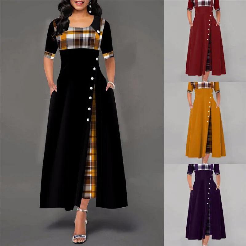 Plaid Print Maxi Dress: Vintage Button Detail & Flare Silhouette Trendy A-Line Maxi Dress