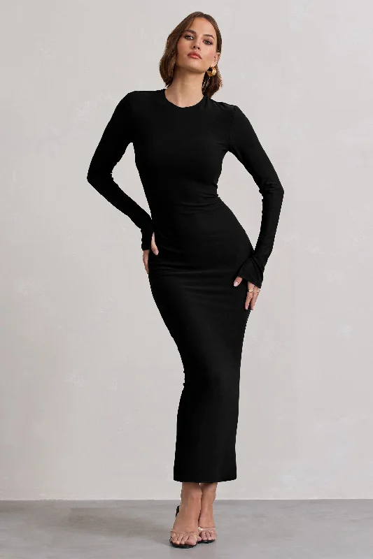 Wonder | Black Bodycon Long-Sleeve Maxi Dress Elegant Maxi Dress with Lace