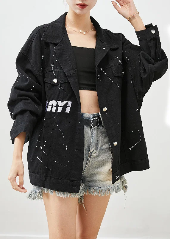 Art Black Oversized Letter Print Denim Jackets Fall Snapped Jacket Toggled Jacket Drawstring Jacket