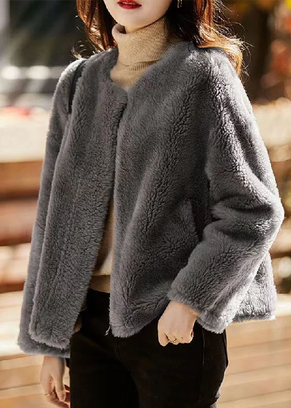 Beautiful Grey O Neck Pockets Patchwork Wool Jackets Winter Stand-Up Collar Roll-Neck Collar Turtle Neck