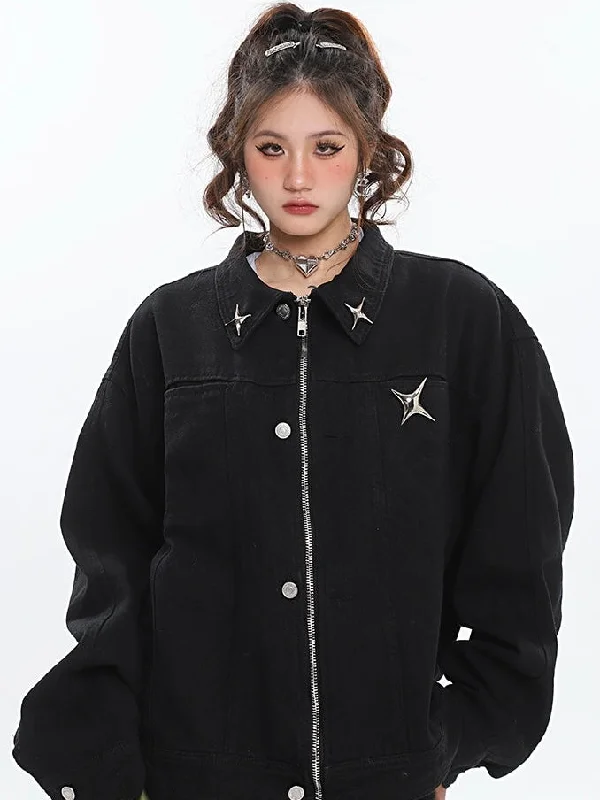 Cindy Solid Color Silver Twinkle Brooch Embroidery Long Sleeve Denim Zip Up Jean Jacket Zip Front Button Front Snap Front