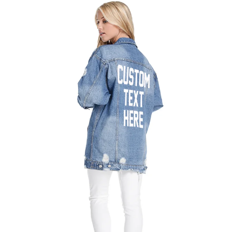 Custom Text Distressed Long Denim Jacket Anorak Shell Jacket Lightweight Jacket