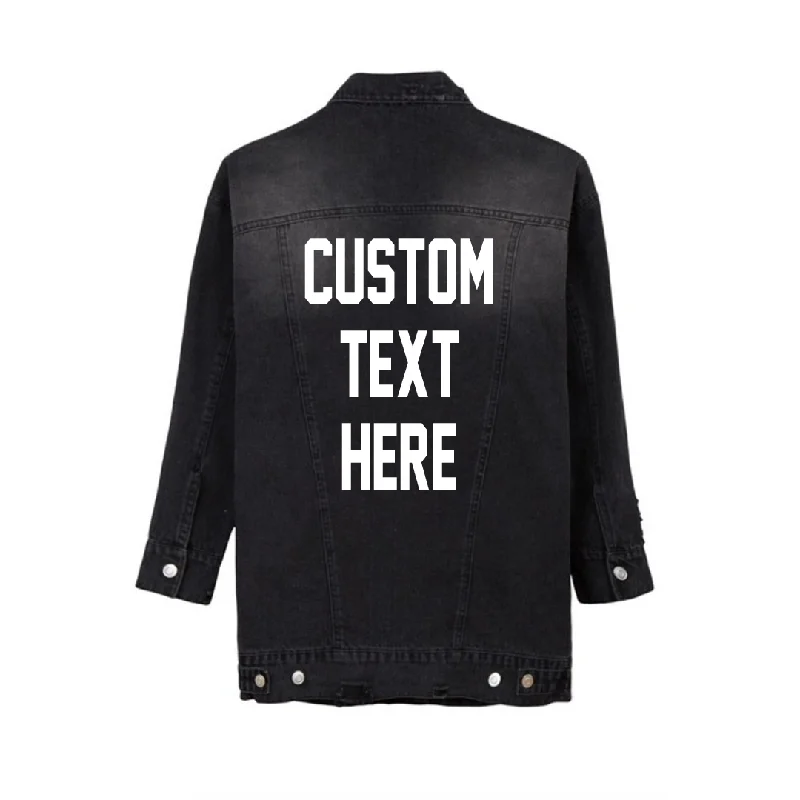 Custom Text Distressed Long Black Denim Jacket Hoodie Zip-Up Jacket Button-Up Jacket