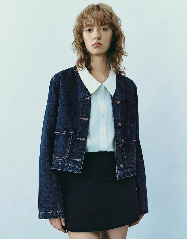 Crew Neck Button Up Denim Jacket Fitted Jacket Loose Jacket Oversized Jacket