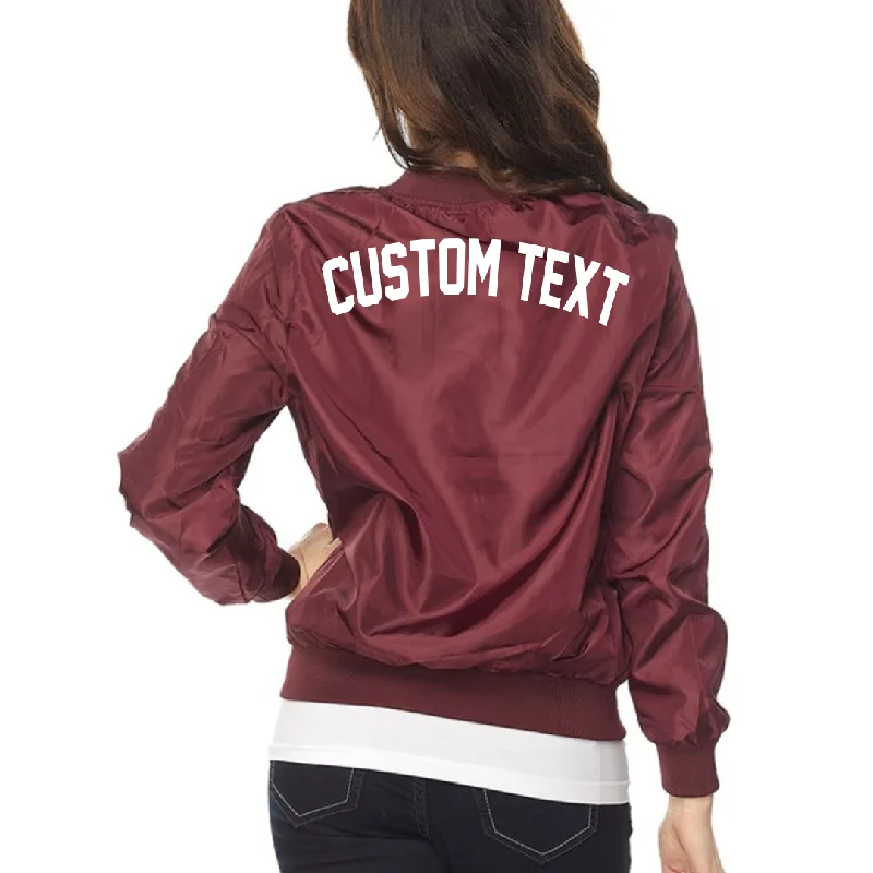 Custom Text Womens Maroon Bomber Jacket Wool Fabric Cashmere Fabric Tweed Fabric