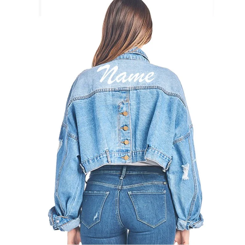 Custom Text Vintage Crop Denim Jacket Hoodie Zip-Up Jacket Button-Up Jacket