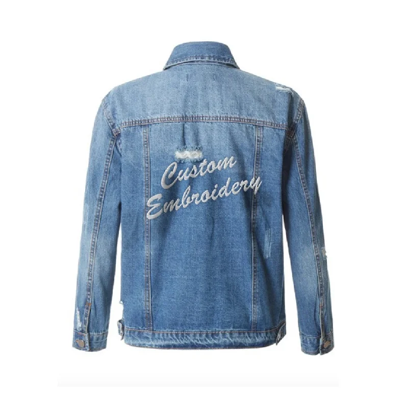 Custom Text Embroidered Distressed Denim Jacket Satin Fabric Silk Fabric Chiffon Fabric