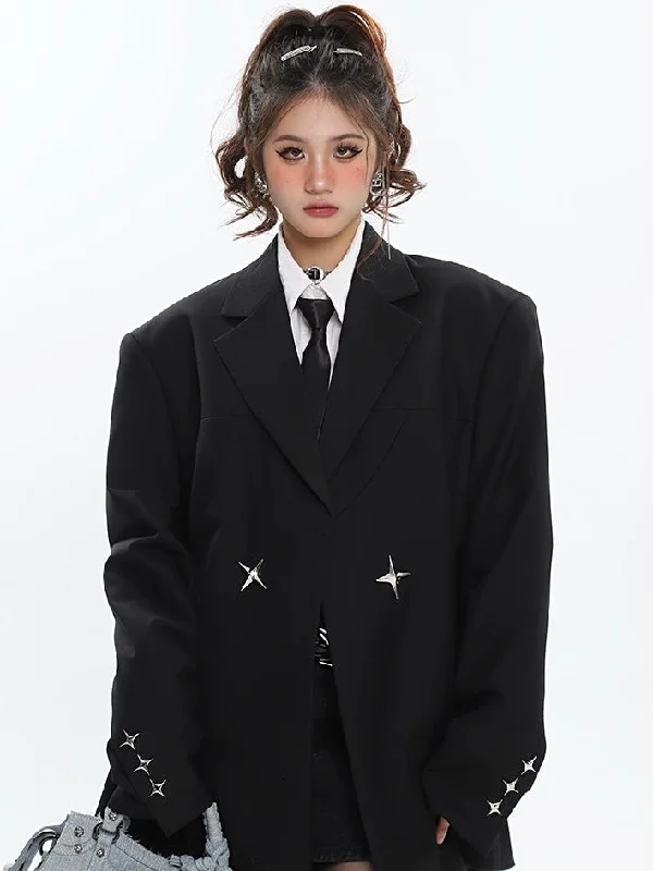 Elliana Solid Color Silver Twinkle Star Embroidery Brooch Long Sleeve Blazer Jacket Lace Jacket Ribbed Jacket Sequined Jacket