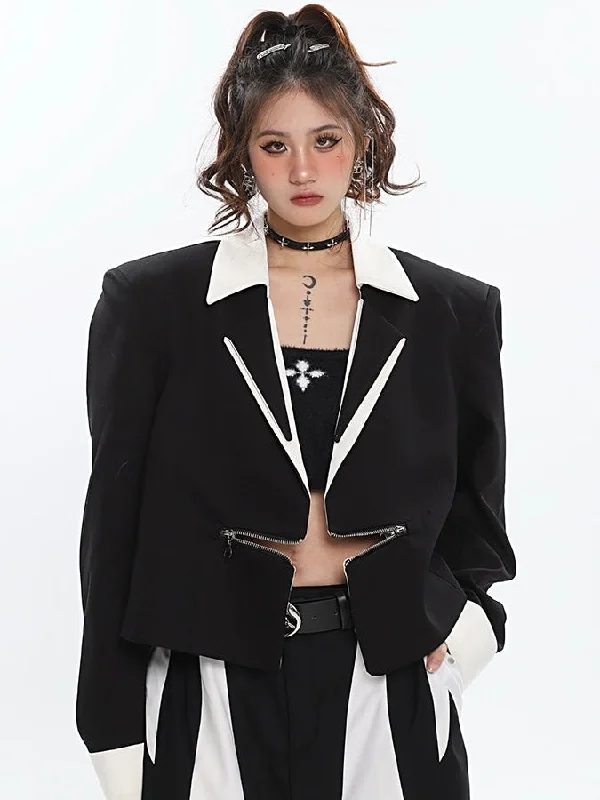 Helena Contrast Color Horizontal Zipper Long Sleev Zip Up Blazer Jacket Satin Jacket Silk Jacket Chiffon Jacket