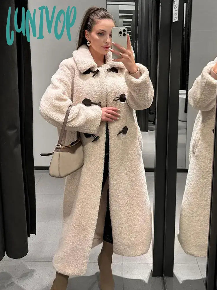 Lunivop Chic Solid Horn Button Women's Plush Long Coat Fashion Polo Neck Full Sleeve Thicken Jacket  Winter Female Elegant Outerwear Tailored Jacket Straight Jacket A-Line Jacket