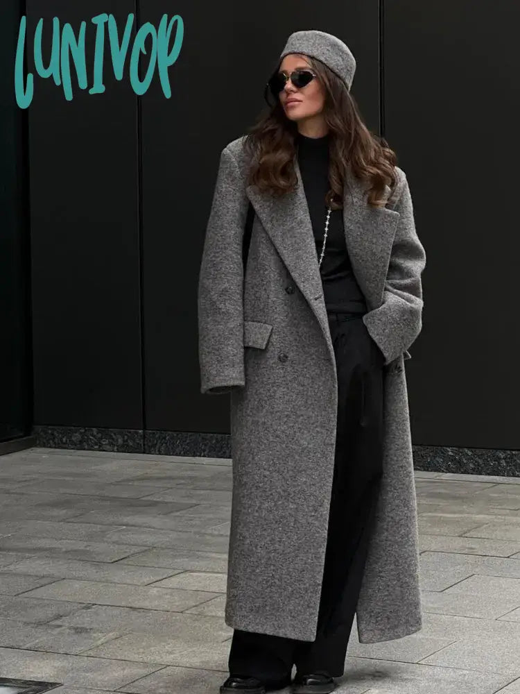 Lunivop Elegant Grey Women's Long Blends Woolen Coat Chic Loose Lapel Double Breasted Oversized Jacket  Winter Lady Fashion Overcoat One-Shoulder Jacket Off-the-Shoulder Jacket Asymmetrical Jacket