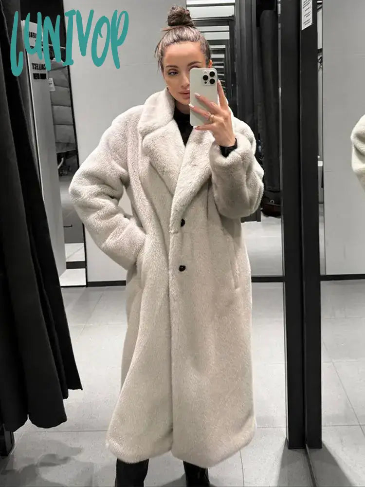 Lunivop Elegant Solid Thick Plush Coat For Women Casual Lapel Long Sleeve Single Breasted Fur Jacket  Winter Female Fashion Ouercoat Chenille Jacket Brocade Jacket Lace Jacket