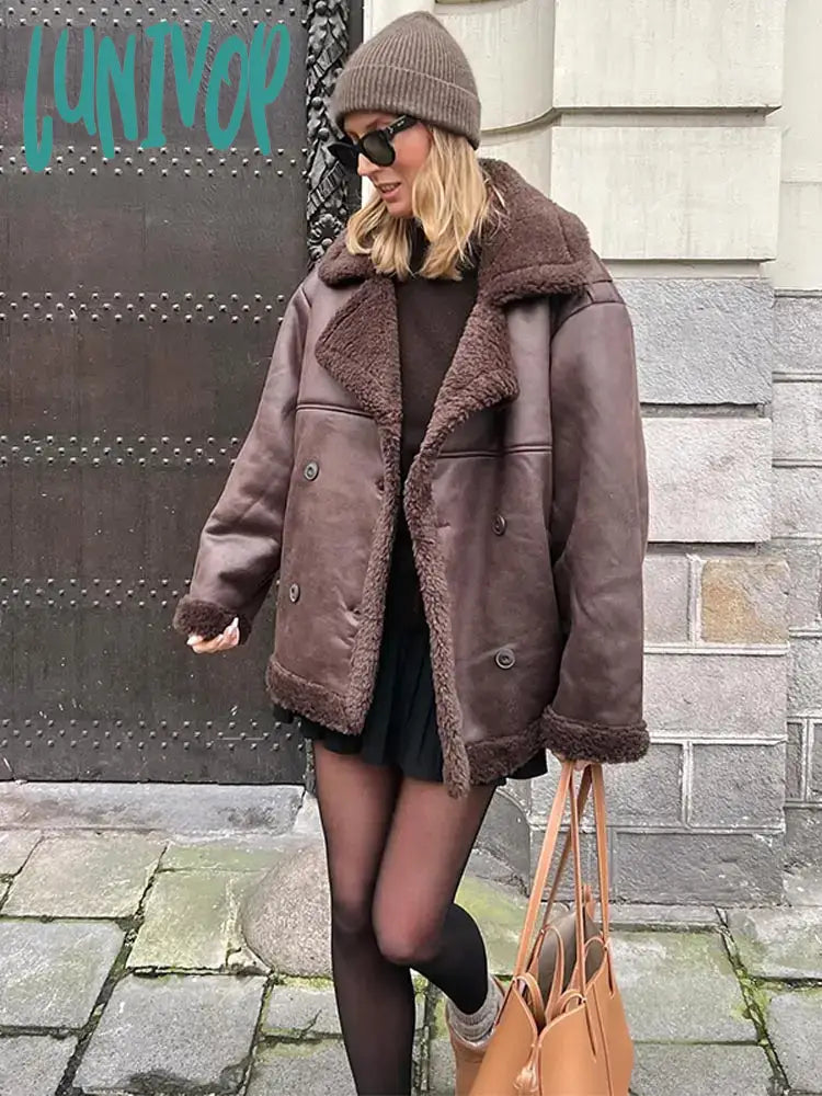 Lunivop Women Elegant Brown Faux Lambswool Fur Jacket Chic Lapel Long Sleeve Double Breasted Thick Coat Lady Fashion Warm Shearling Anorak Shell Jacket Lightweight Jacket