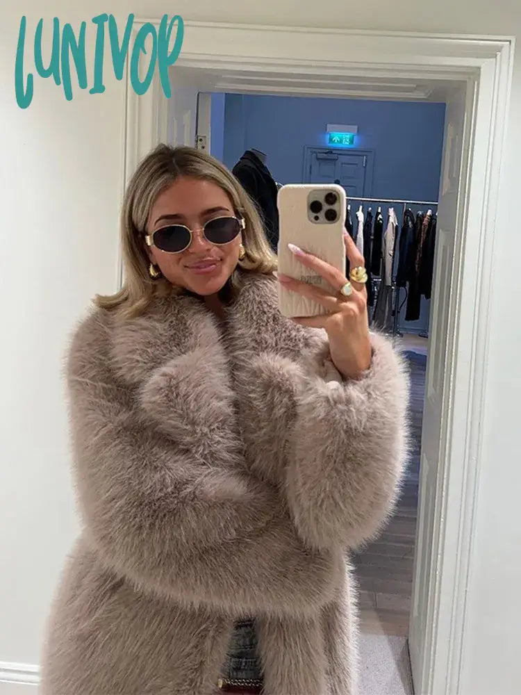 Lunivop Women Elegant Fashion Solid Long Faux Fur Coat Casual Wide-lapel Long Sleeve Thick Plush Jacket  Winter Lady Chic Streetwear Collared Jacket Crew Neck Jacket Turtle Neck Jacket