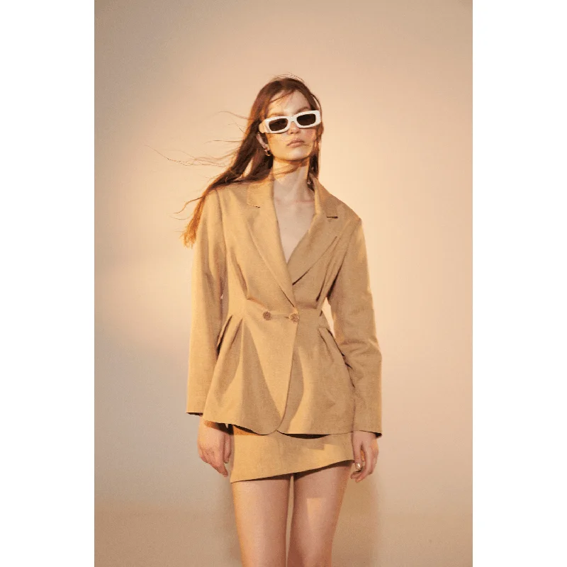 Marde Tailored Jacket in Almond Buff Zip Front Button Front Snap Front