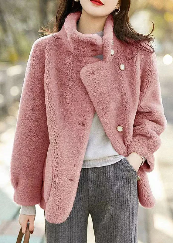 Simple Pink Stand Collar Pockets Patchwork Woolen Jackets Winter Hoodie Zip-Up Jacket Button-Up Jacket