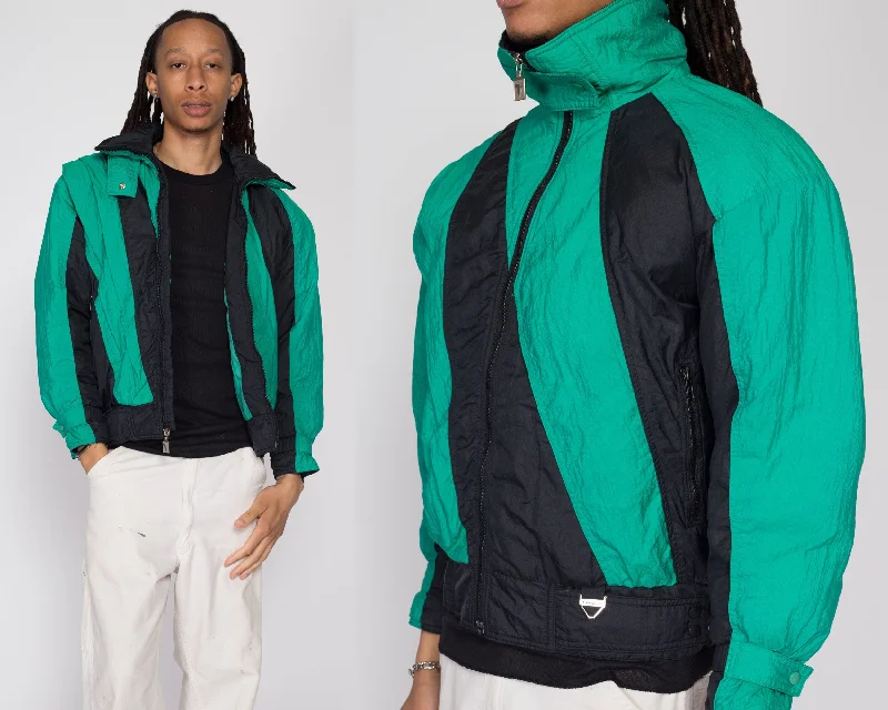 Small 80s Tyrolia Green & Black Striped Down Fill Puffer Jacket Satin Fabric Silk Fabric Chiffon Fabric