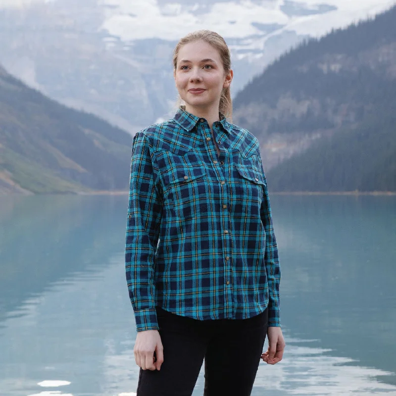 612 Woman's Snap Flannel Shirt in Turquoise Navy with Yellow Accents Fleece Fabric Down Fabric Feather Fabric 612 Woman's Snap Flannel Shirt in Turquoise Navy with Yellow Accents Fleece Fabric Down Fabric Feather Fabric