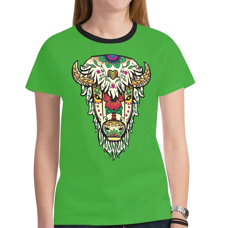 Buffalo Spirit Guide (Green) T-shirt for Women Handmade Hand-knitted Hand-woven