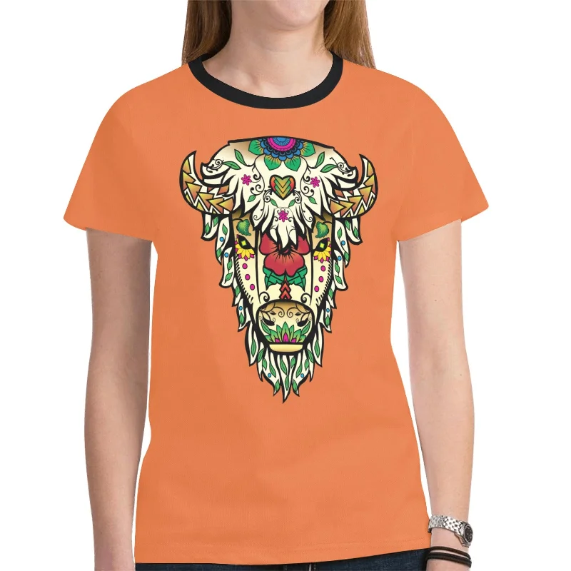 Buffalo Spirit Guide (Orange) T-shirt for Women Ribbed Striped Patterned