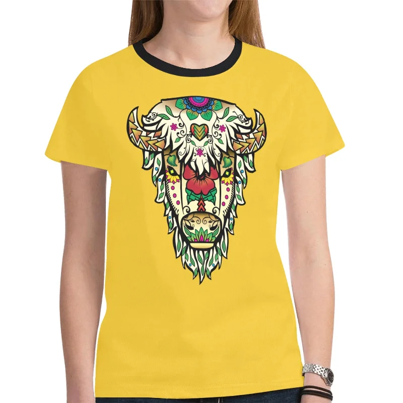 Buffalo Spirit Guide (Yellow) T-shirt for Women Spandex Blend Rayon Blend Denim Blend Buffalo Spirit Guide (Yellow) T-shirt for Women Spandex Blend Rayon Blend Denim Blend