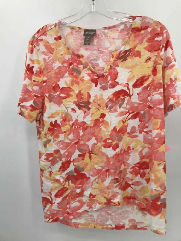 Pre-Owned Chico's Orange Size Medium Printed T-shirt Notch Collar Peter Pan Collar Cowl Neck Pre-Owned Chico's Orange Size Medium Printed T-shirt Notch Collar Peter Pan Collar Cowl Neck