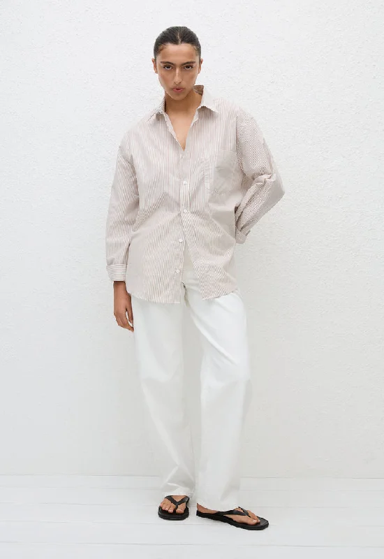 Classic Stripe Shirt - Taupe Pinstripe Satin Blend Silk Blend Wool Blend