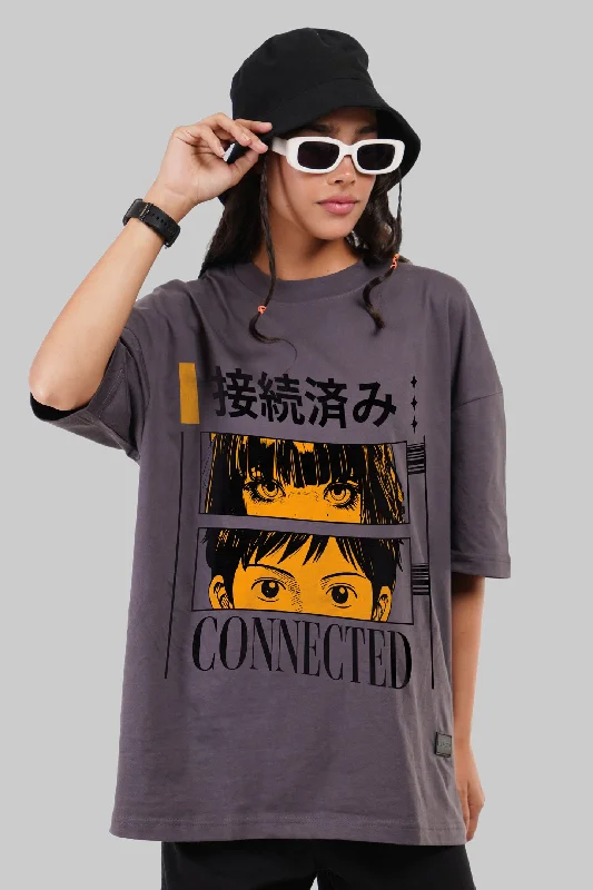Connected Eyes Dark Grey Baggy Fit T-Shirt Women Solid Print Embellished