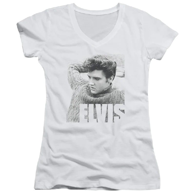 Elvis Presley Relaxing - Juniors V-Neck T-Shirt Chenille Blend Fleece Blend Nylon Blend Elvis Presley Relaxing - Juniors V-Neck T-Shirt Chenille Blend Fleece Blend Nylon Blend