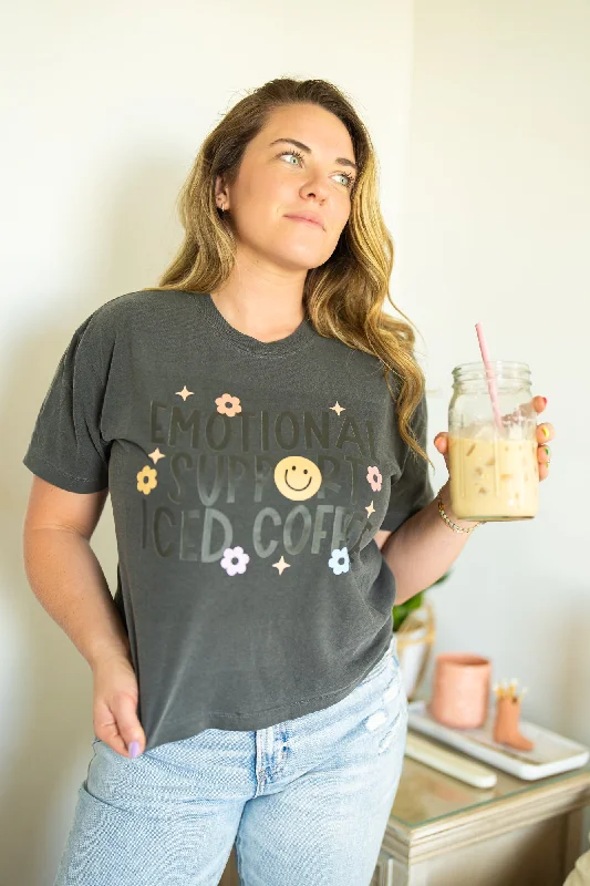 Emotional Support ICED Coffee - Cropped Tee (Smoke) Hooded Caped Shawl Collar