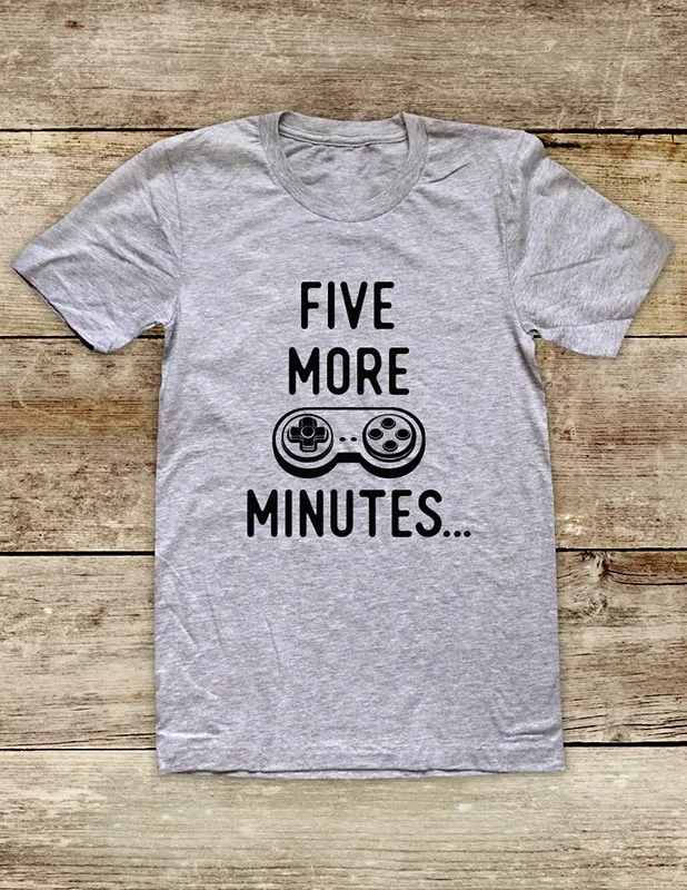 Five More Minutes - funny Video Game Nintendo Playstation XBox shirt Soft Unisex Men or Women Short Sleeve Jersey Tee Shirt Boxy Fit Fitted Loose Five More Minutes - funny Video Game Nintendo Playstation XBox shirt Soft Unisex Men or Women Short Sleeve Jersey Tee Shirt Boxy Fit Fitted Loose