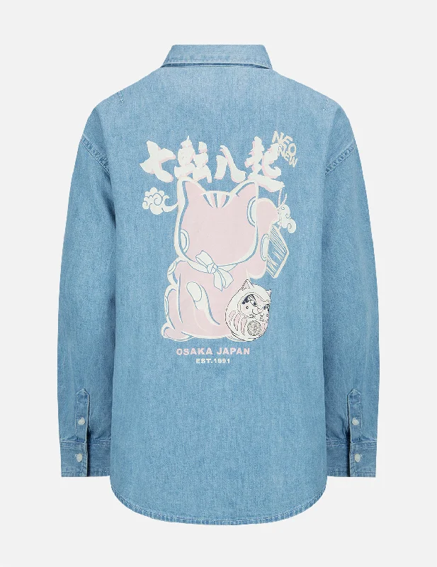 Fortune Cat with Daruma Print Denim Shirt Silk Blend Satin Velvet