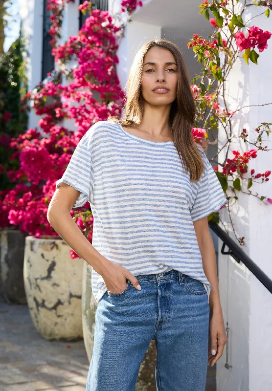 Francy-Linen Denim Stripes Rolled Sleeve T-Shirt Graphic T-Shirt Round Neck Polyester Francy-Linen Denim Stripes Rolled Sleeve T-Shirt Graphic T-Shirt Round Neck Polyester