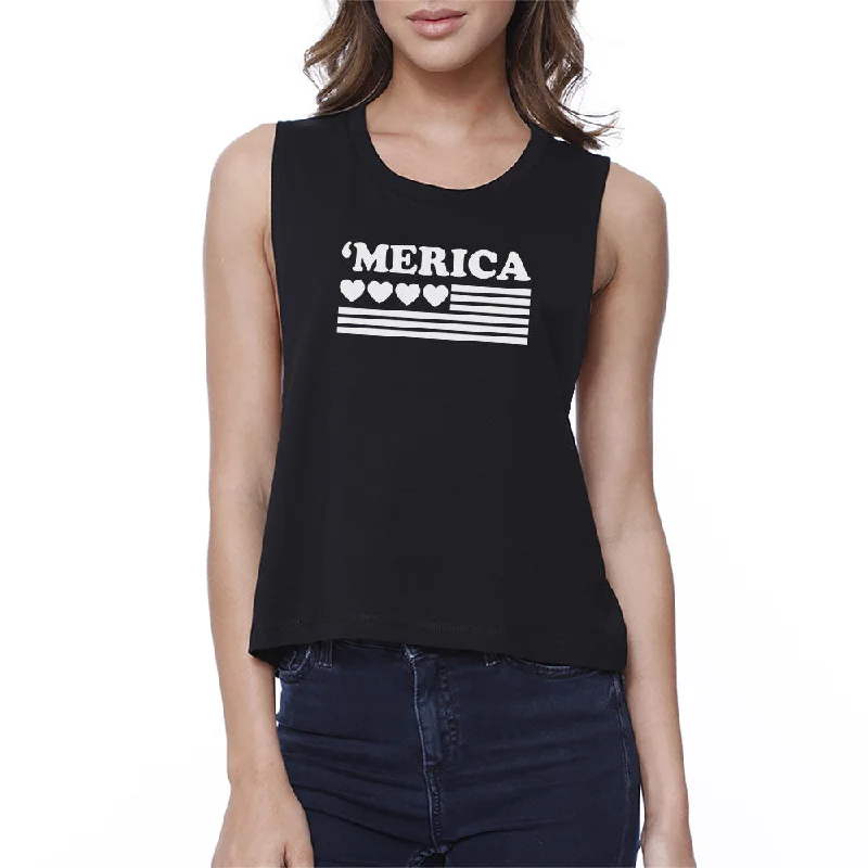 Heart 'Merica Flag Womens Black Cotton 4th of July Crop Shirt Idea V-Neck T-Shirt Long Sleeve Cotton