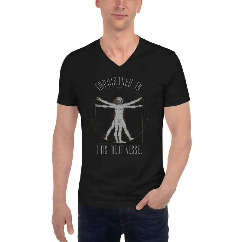Imprisoned in this meat vessel - Unisex V-Neck T-Shirt Knit Fabric Woven Fabric Fleece Fabric Imprisoned in this meat vessel - Unisex V-Neck T-Shirt Knit Fabric Woven Fabric Fleece Fabric