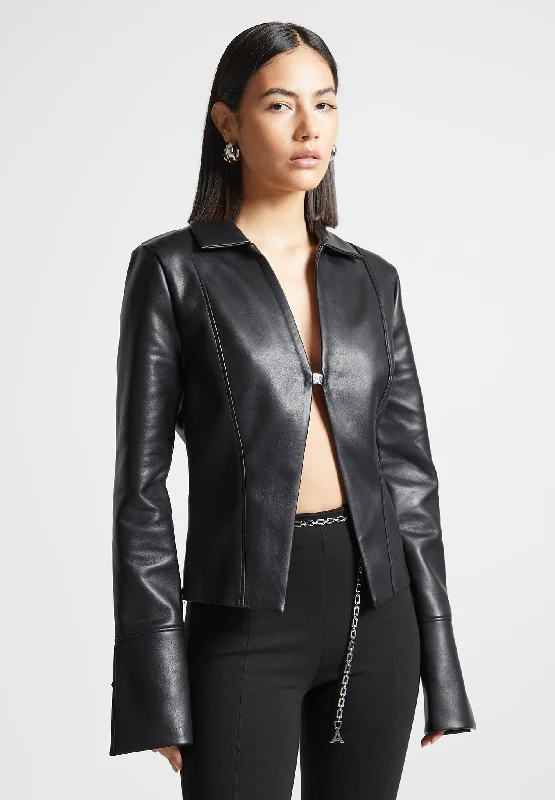 Leather Shirt with Clasp - Black V-Neck T-Shirt Long Sleeve Cotton