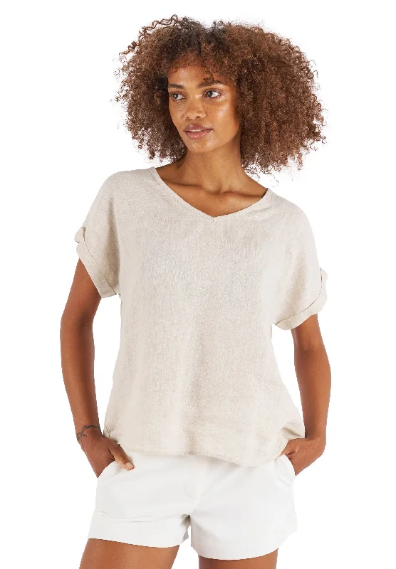 Martina Natural Sand Washed Linen T-Shirt Embroidered Appliqued Beaded