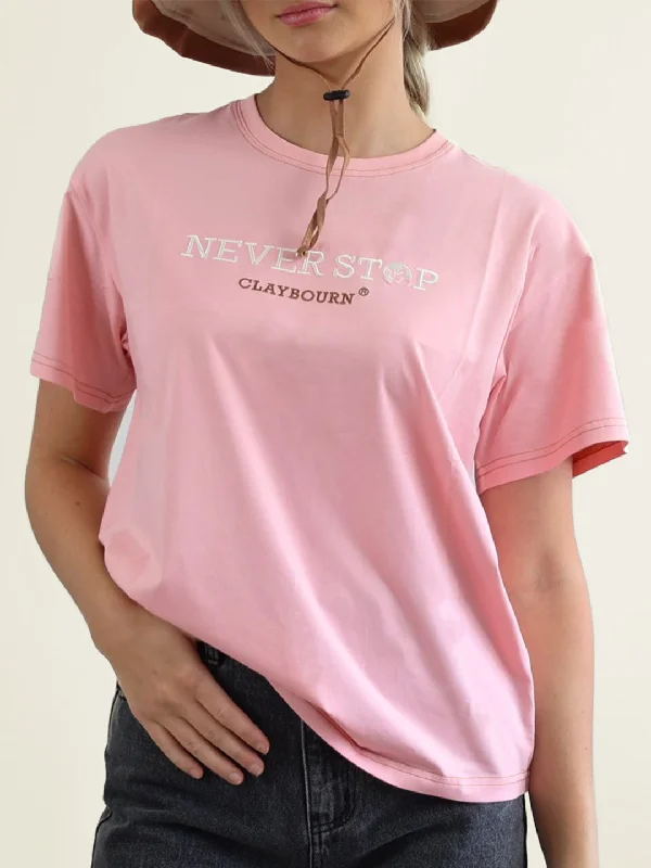 Never Stop Contrast Stitch T-Shirt Notch Collar Peter Pan Collar Cowl Neck
