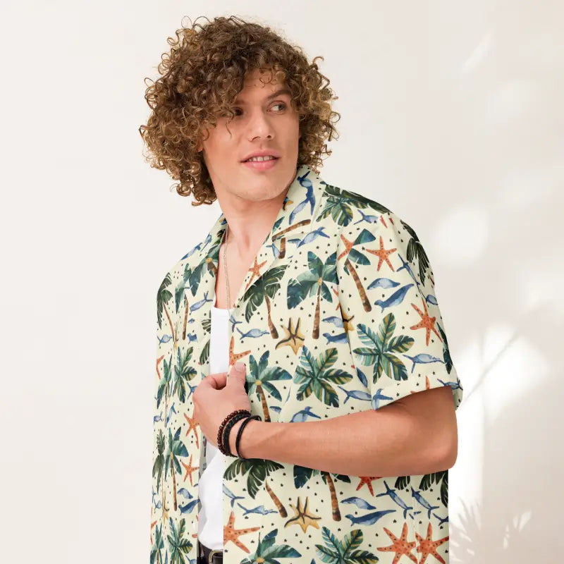 Unisex Button Shirt with Palm Trees and Beach Vibes Handmade Hand-knitted Hand-woven Unisex Button Shirt with Palm Trees and Beach Vibes Handmade Hand-knitted Hand-woven