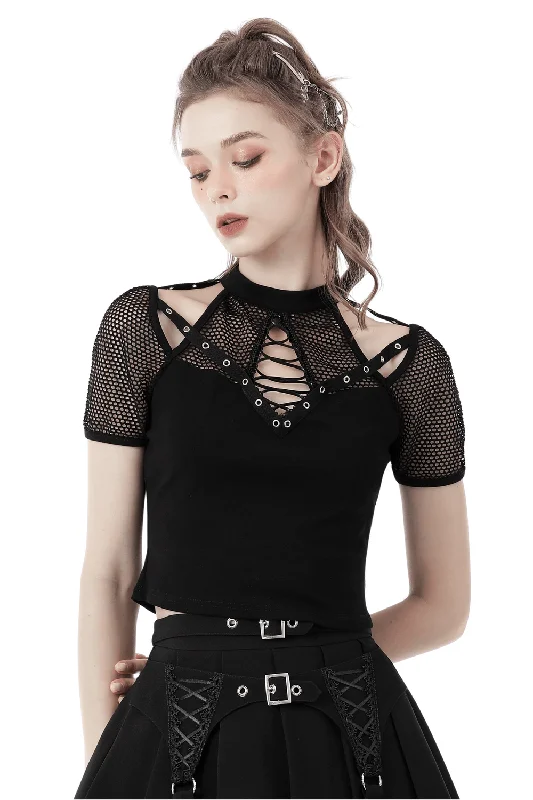 Punk Cutout T-shirt with Mesh Sleeves and Lace-Up Front Cashmere Blend Cotton Blend Poly Blend Punk Cutout T-shirt with Mesh Sleeves and Lace-Up Front Cashmere Blend Cotton Blend Poly Blend