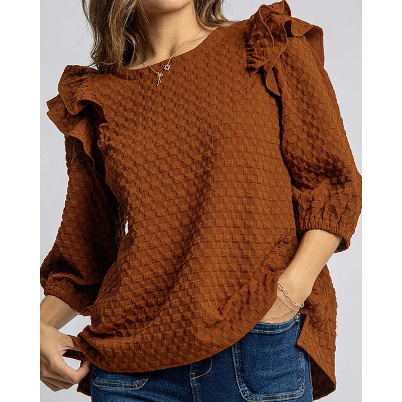 Women's Solid Cinnamon Waffle Textured Shirt Anti-Shrink Durable Soft