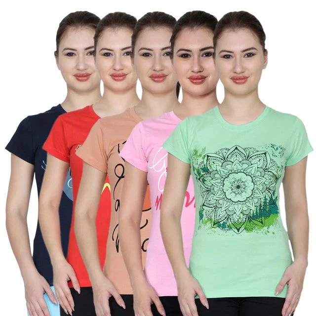 T.T. Women Printed Slim Fit Tshirt Pack Of 5 Assorted Mesh Fabric Canvas Fabric Denim Fabric T.T. Women Printed Slim Fit Tshirt Pack Of 5 Assorted Mesh Fabric Canvas Fabric Denim Fabric